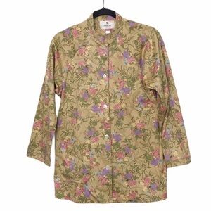 Mariko London Sleep Tan Floral Button Front Pajama Shirt